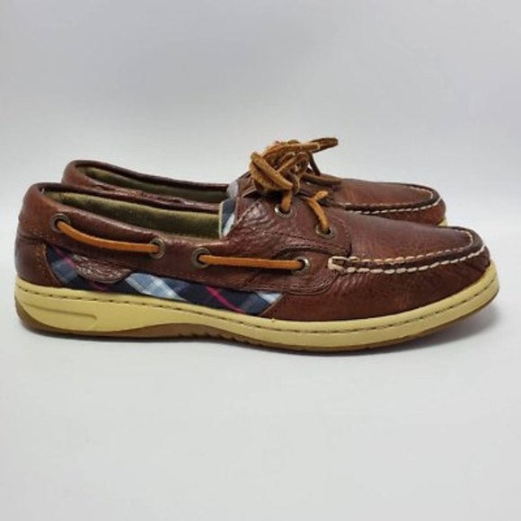 Sperry Top Slider Bluefish Plaid Slip On Oxford Boat Shoes Leather Sz 7 M Brown - Picture 1 of 12